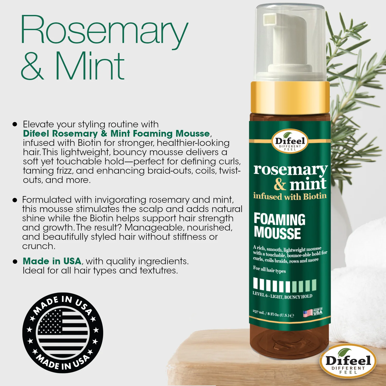 Difeel Rosemary & Mint Foaming Mousse 237ml / 8oz